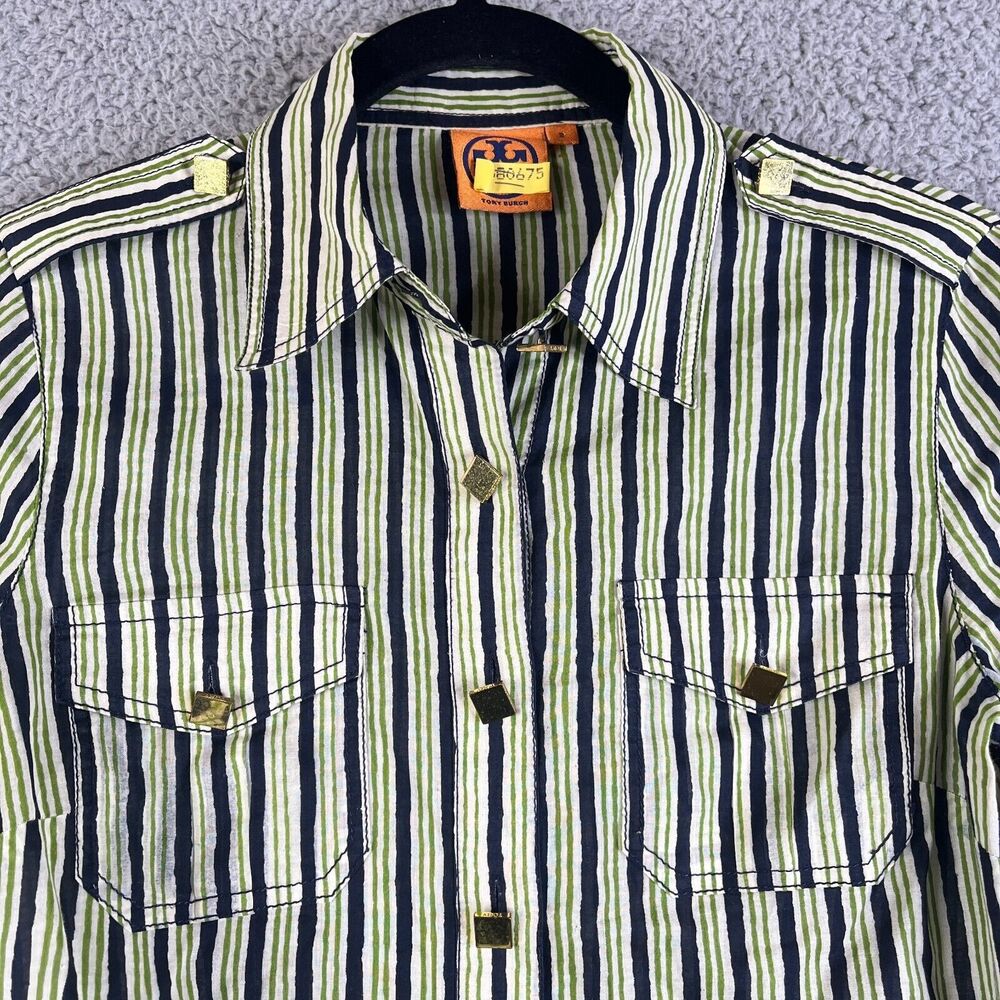 TORY BURCH Shirt Womens 2 Stripe Green Black Roll Tab Cotton Gold Square Buttons